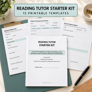 May include: A Reading Tutor Starter Kit featuring 15 printable templates. The collection includes a Student Intake Form, Weekly Tutoring Lesson Planner, and Parent Progress Report. These documents are designed for student onboarding and lesson planning.