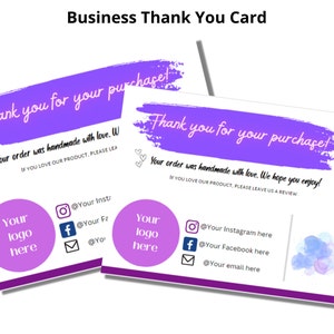 Editable Business Thank You Card Template, Small Business, Printable Thank You Card, Branding, Canva Template, 5.5inx4.25in, Purple Card