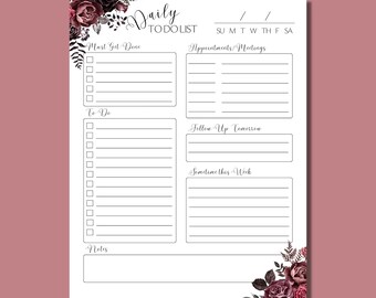 Printable/Digital Planner Dark Fall Floral Daily To Do List - US Letter - Editable Instant Download - Blank Fillable PDF