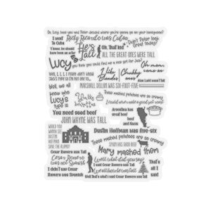 Puede incluir: Un conjunto de pegatinas blancas con varias citas y frases en texto negro. Las pegatinas presentan citas sobre actores, comida y viajes, incluyendo frases como "Ricky Ricardo was Cuban" y "John Wayne was tall."