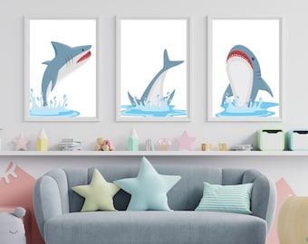 Set of Three Shark Wall Prints, PRINTABLE Shark Wall Art, Nursery Shark Ocean Art Print | Nursery Digital Files for Print | Shark-Lover Art