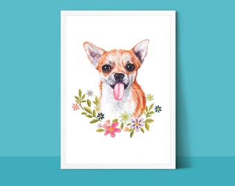 Happy Face Cute Chihuahua Illustration Art Print + Watercolor Flowers | PRINTABLE Dog-lover Digital Wall Decor | Great Chihuahua-lover Gift