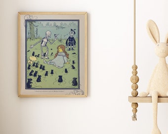 May include: A vintage illustration of a scene from the Wizard of Oz. Dorothy, the Scarecrow, and the Tin Man are surrounded by a group of black mice. The text reads "'Perhaps not so interesting to you, but Mighty, the Queen.'"