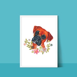 Adorable Colorful Boxer Dog With Flowers Art Print | PRINTABLE Digital Download in Multiple High-Res Sizes | Boxer Lover Art Prints Gift