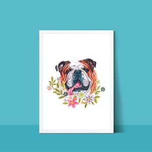 Rich Colors Adorable Bulldog Art Print | Digital Download Bulldog Lover PRINTABLE Wall Decor | Illustrated Bulldog With Watercolor Flowers