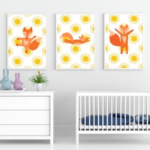 Set of 3 Charming Nursery Fox Illustration Prints, Fun, Cute Fox Nursery Posters, Nursery Wall Decor, Playroom Fox Wall Decor, Shower Gift