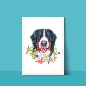 Boldly Colored Bernese Mountain Dog Illustration Art Print | PRINTABLE Dog Lover Digital Print | Mountain Dog With Watercolor Flowers | Gift