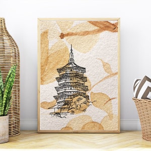 Antike asiatische Architektur botanische DRUCKBARE Kunstdruck, digitaler Download asiatische Illustration auf neutralen farbigen, Bürokunst