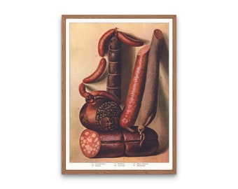 Vintage print van verschillende soorten vlees | AFDRUKBAAR geïllustreerd vleeskunstdecor | Keuken, café, vleesmarktprint | Downloadbare formaten foodkunst