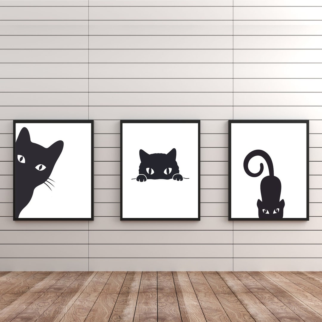Set of 3 Black Cat Silhouettes Prints, Cute Cat Poses Art Prints ...