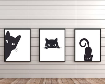 Set of 3 Black Cat Silhouettes Prints, Cute Cat Poses Art Prints, PRINTABLE Black + White Cat Print, Cat Lover Gift, Cat Art Wall Decor
