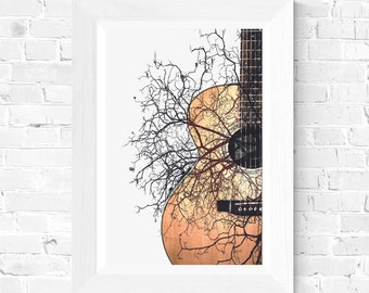 Kreatywna sztuka ścienna z gitarą, plakat z naturą i muzyką, wydruk muzyczny abstrakcyjna dekoracja ścienna z gitarą akustyczną, nowoczesna gitara natychmiastowe pobieranie do druku
