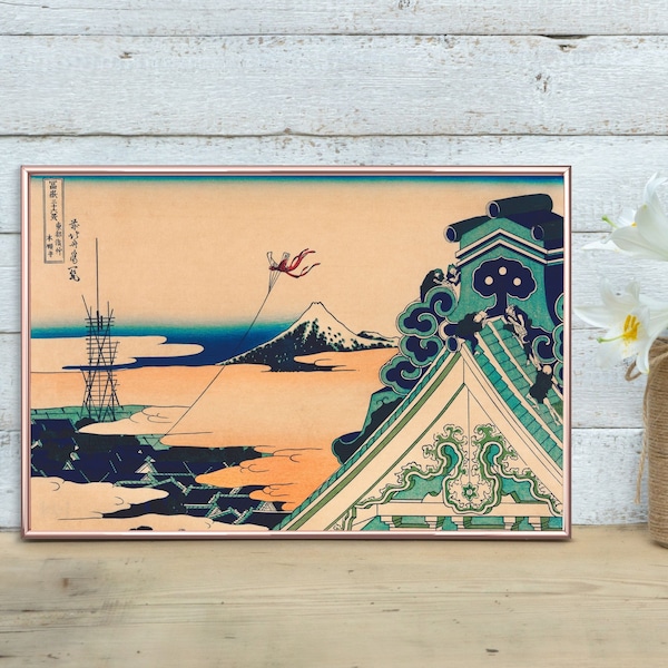 Traditional Japanese Ukyio-e Style Illustration Traditional Temple with Kite flying Through Clouds View of Mount Fuji | PRINTABLE Art Print
