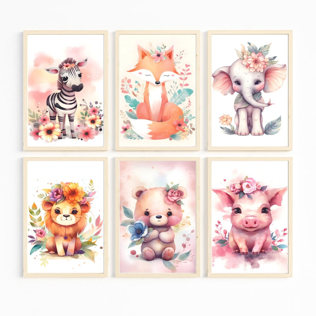 Set of 6 Baby Animal Prints With Flowers Nursery Wall Decor, Cute Baby