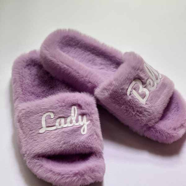 Lavender fluffy Slippers | Custom Bridal Fur slippers as Bridesmaid Gifts | Wedding Slippers for Bridal Shower| free personalisation