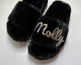 Black fluffy slippers | Custom Fur slippers as Bridesmaid Gifts  | Wedding Slippers for Bridal Shower