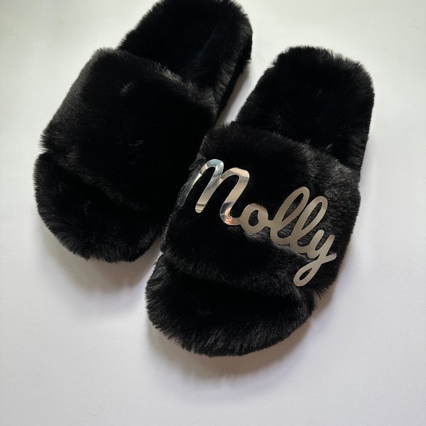 Black fluffy slippers | Custom Fur slippers as Bridesmaid Gifts  | Wedding Slippers for Bridal Shower