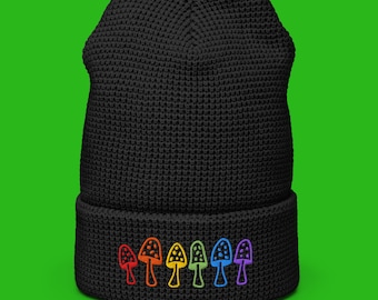Embroidered Waffle Beanie - Rainbow Mushroom Embroidery Design - Three Color Options