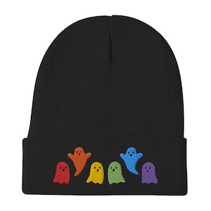Rainbow ghost embroidered beanie - Embroidered knit hat - Spooky beanie - Ghost beanie - Three color options