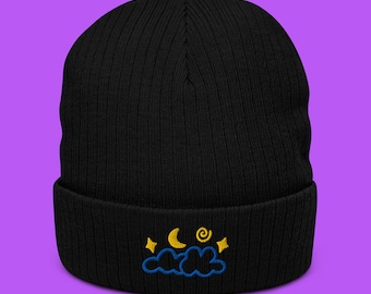 Embroidered Ribbed Knit Beanie - Night Sky Embroidery Design - 4 Different Color Options