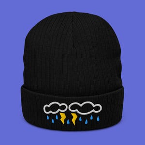 Embroidered ribbed knit beanie - Rain clouds embroidery design - Embroidered knit hat - Four color options