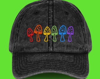 Embroidered Vintage Denim Dad Hat - Rainbow Mushroom Embroidery Design - 2 Color Options