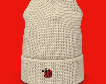 Embroidered Waffle Beanie - Ladybug Embroidery Design - 3 Different Color Options