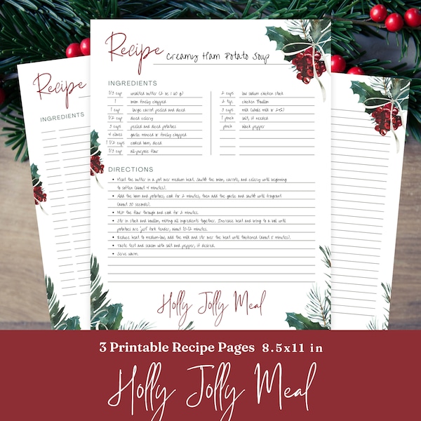 Printable Holly Christmas Themed Recipe Pages | Cookbook Binder Pages | Recipe Card Full Page | Holly Jolly Meal | Watercolor | 8.5x11in