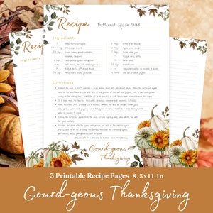 Druckbare Thanksgiving-Rezeptseiten | Herbst | Personalisiertes Kochbuch | Rezeptkarte ganzseitig | Kürbisartiges Erntedankfest | Aquarell | Größe 8,5x11in