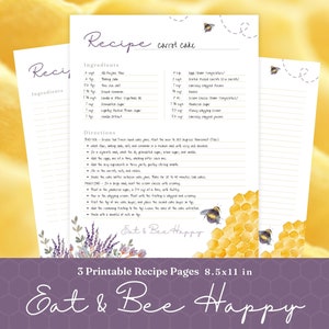 Printable Bee Recipe Pages | Cookbook Binder Pages | Recipe Card Full Page | Eat & Bee Happy | Watercolor | Size 8.5 x 11in