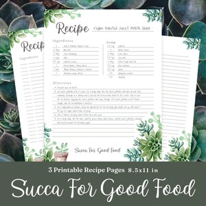 Pages de recettes imprimables de succulentes | Pages de reliure de livre de cuisine | Carte de recette pleine page | Succa pour une bonne cuisine | Aquarelle | Taille 8,5 x 11 po.