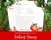 Printable Tomato Recipe Pages | Custom Cookbook | Recipe Card Full Page | Feeling Saucy | Watercolor | Size 8.5x11in