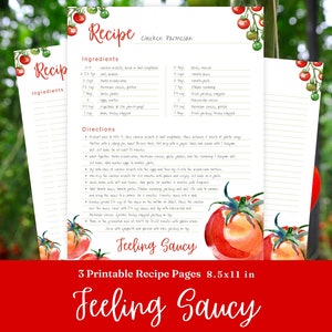 Printable Tomato Recipe Pages | Custom Cookbook | Recipe Card Full Page | Feeling Saucy | Watercolor | Size 8.5x11in