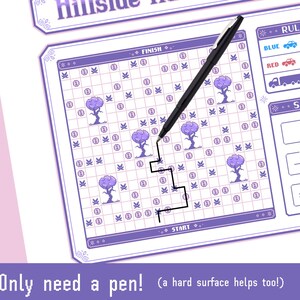 May include: A purple and white board game with a grid pattern, trees, and the text "FINISH" and "START". A black pen traces a path on the board. The text "Only need a pen!" is at the bottom.