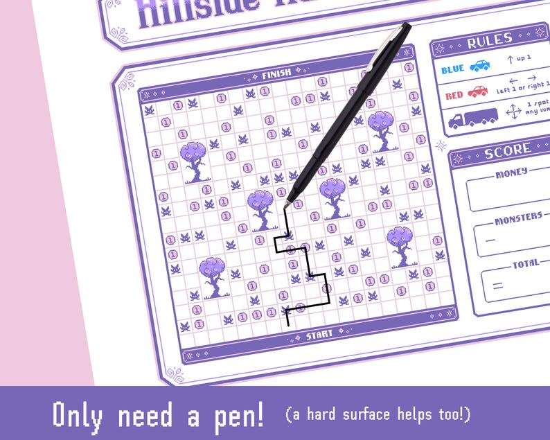 May include: A purple and white board game with a grid pattern, trees, and the text "FINISH" and "START". A black pen traces a path on the board. The text "Only need a pen!" is at the bottom.