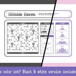 May include: A monochrome board game called "Hillside Haven" with a grid-based game board, rules, and a store section. The game board features trees and numbered spaces. Text at the bottom reads "No colour ink? Black & white version included!"