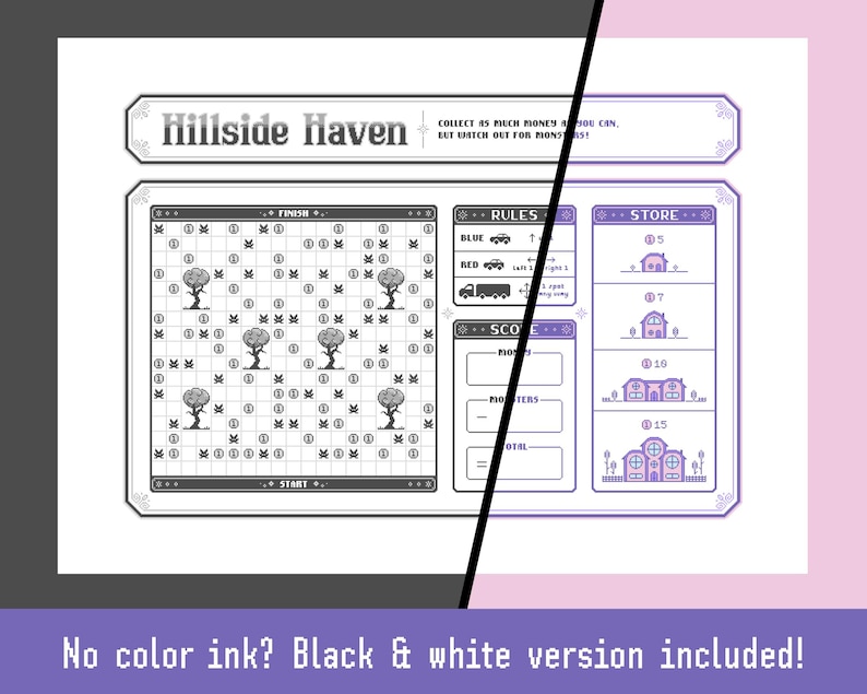 May include: A monochrome board game called "Hillside Haven" with a grid-based game board, rules, and a store section. The game board features trees and numbered spaces. Text at the bottom reads "No colour ink? Black & white version included!"