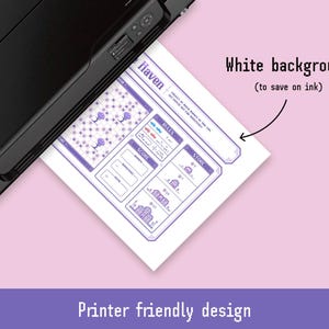 May include: A black printer printing a sheet of paper with a purple game design. The paper has the word "Haven" at the top and the text "White background (to save on ink)" and "Printer friendly design". The game design includes boxes, icons, and text.