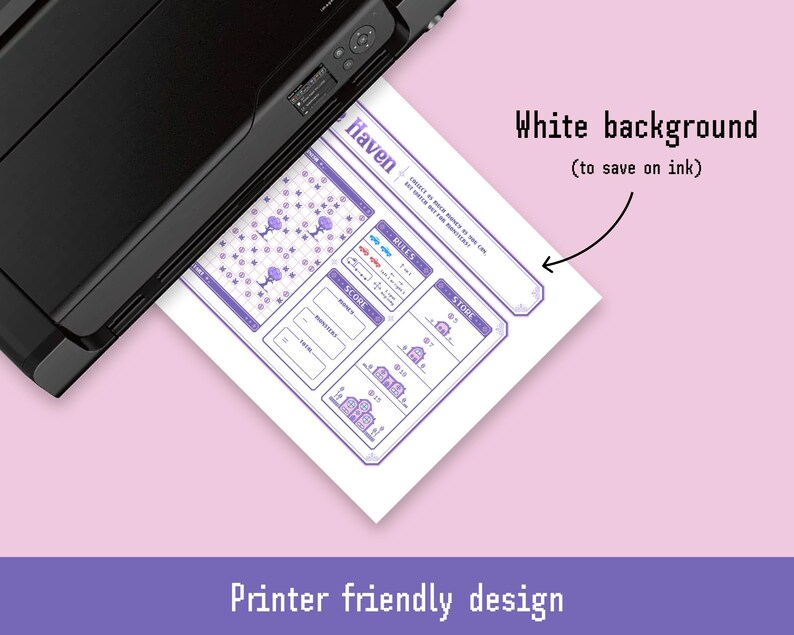 May include: A black printer printing a sheet of paper with a purple game design. The paper has the word "Haven" at the top and the text "White background (to save on ink)" and "Printer friendly design". The game design includes boxes, icons, and text.