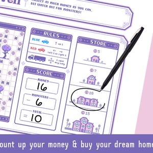 May include: A purple and white board game with rules, a store, and a score section. The score shows money at 16 and monsters at 6, totalling 10. A black pen circles a house in the store. The text reads, "Count up your money & buy your dream home!"