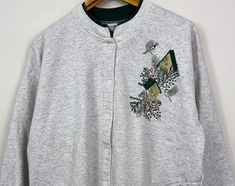 Vintage Artisans Chicadee Birdhouses Graphic Button Up Crewneck Sweatshirt size XXL