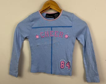 Vintage Y2K No Boundaries Cheer Pink Graphic Baby Blue Cotton Long Sleeve T Shirt size Girls 7/8