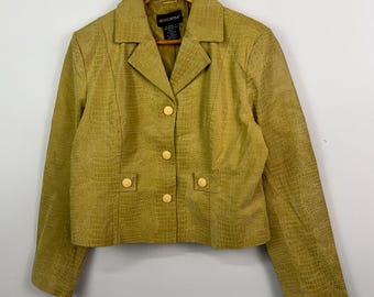 Vintage Y2K Metro Style Yellow Snake Skin Pattern Leather Button Up Jacket size Women's 12