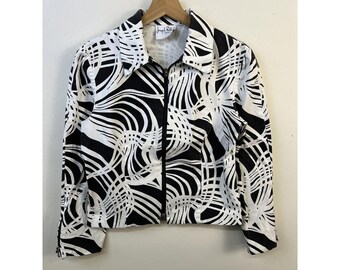 Vintage 1990s Black and White Tribal Camo Pattern Blazer Cardigan Jacket Size XS