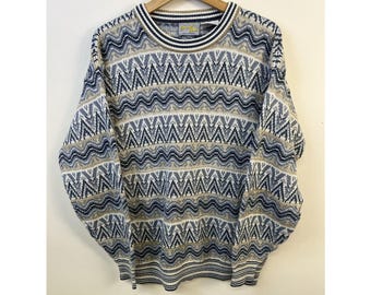 Vintage Knit Sweater 1990s Knit Backroad Blues Wave Stripe Knit Sweater Size L