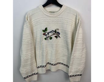 Vintage Sweater 1990s Knit Cabelas Bird Embroidered Raised 3D Knit Sweater Size L (XL)