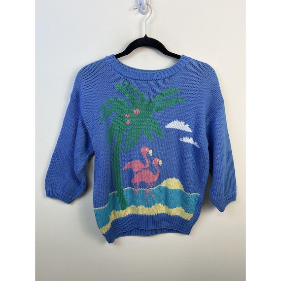 Vintage Knit Sweater 1990s Thick Knit Hand Knit Flamingo Island Knit Sweater Size S