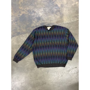 Suéter vintage azul arco-íris de tricô, estilo anos 90, da Norm Thompson, tamanho GG. Suéter de tricô estilo vovô, presente para ela ou para ele.