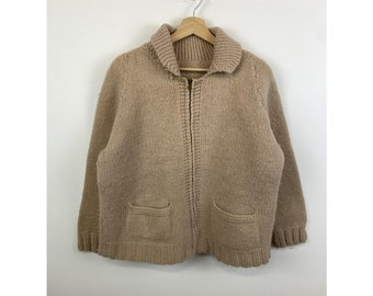 Vintage 1970s Cowichan Buck Acorn Hand Knit Cozy Grandma Zip Up Sweater