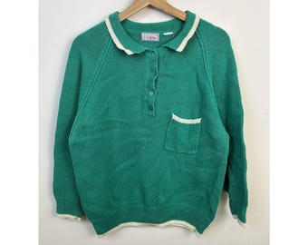Vintage Knit Sweater 1980s Teal Collared Pocket Knit Sweater Size S